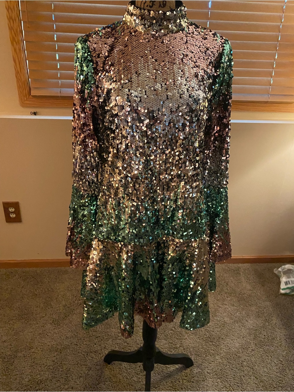 ASOS Iridescent Sequin Backless Mini Dress in Green, Silver, Pink
